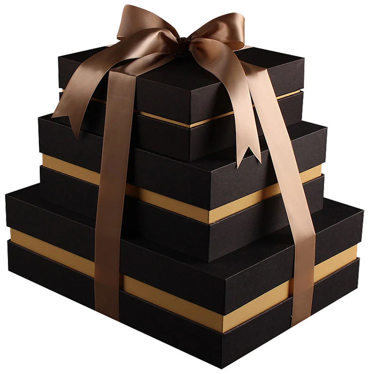 Multi-Size Rigid Gift Box Set with Gold Ribbon and Lid